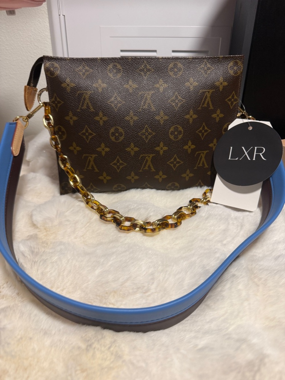 Louis Vuitton Brown Monogram Pouch with Blue Strap and Gold Chain